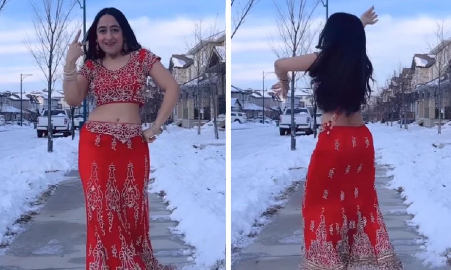 लाल लहंगे में धमाकेदार छम्मक छल्लो डांस,महिला ने कनाडा की बर्फबारी पर दिखाए ठुमके