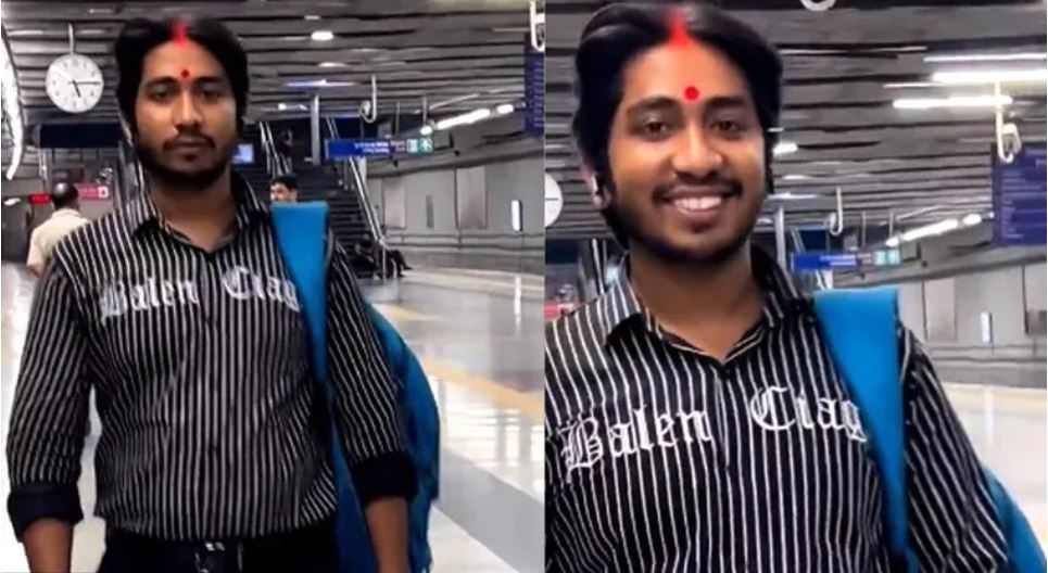 माथे पर बिंदी और मांग में सिंदूर…दिल्ली मेट्रो में कुछ ऐसे सफर करता दिखा शख्स