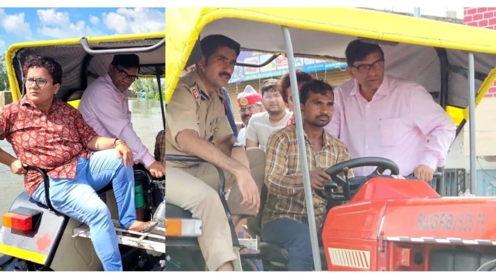 ट्रैक्टर पर पीलीभीत में बाढ़ प्रभावित क्षेत्रों का दौरा