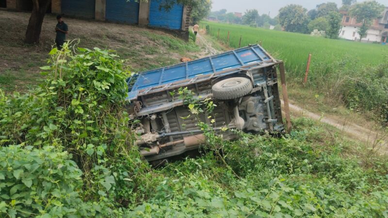 बाइक से टकराकर पलटी गाय लदी मैजिक, चालक फरार