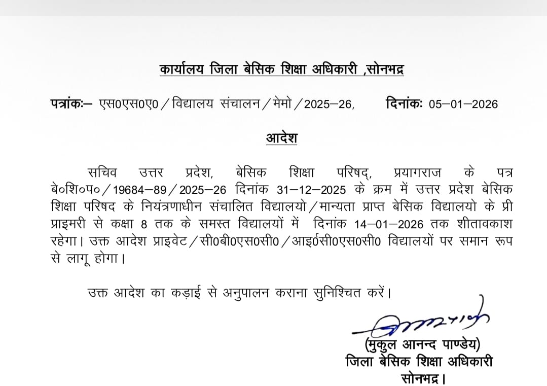 सोनभद्र में कड़ाके की ठंड के चलते 14 जनवरी तक सभी स्कूलों में शीतावकाश