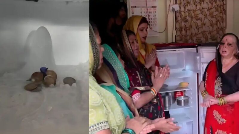 आगरा में फ्रिज में बनी बर्फ की शिवलिंगनुमा आकृति, दर्शन के लिए उमड़ी श्रद्धालुओं की भीड़
