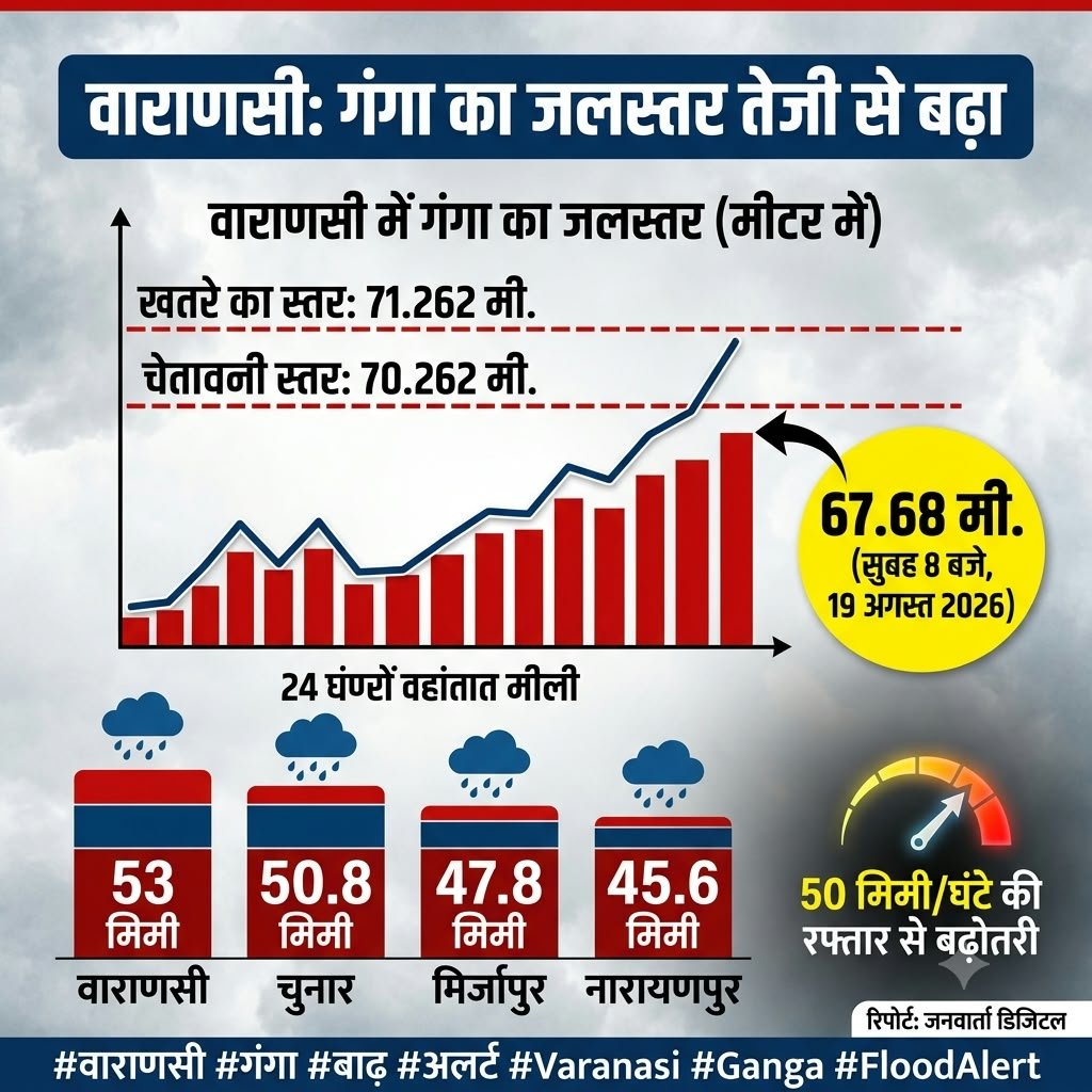 वाराणसी में गंगा का जलस्तर तेजी से बढ़ा, 53 मिमी बारिश दर्ज