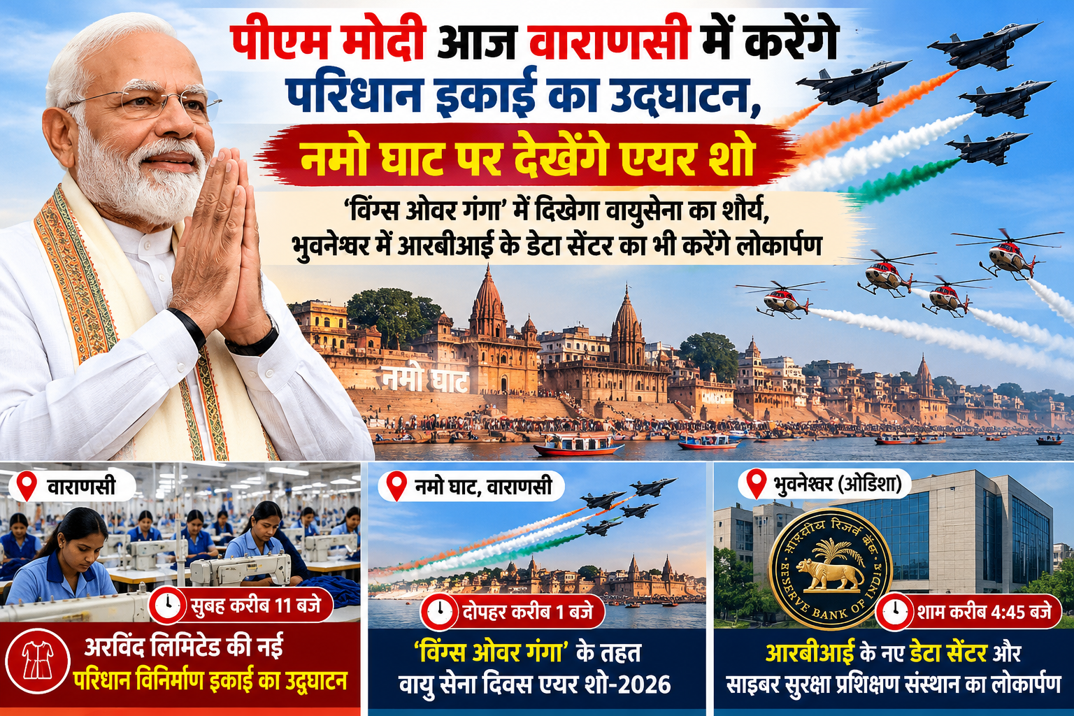 पीएम मोदी आज वाराणसी में करेंगे परिधान इकाई का उद्घाटन, नमो घाट पर देखेंगे एयर शो